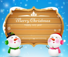Christmas snowman and snowgirl wooden sign with text merry christmas vector 01