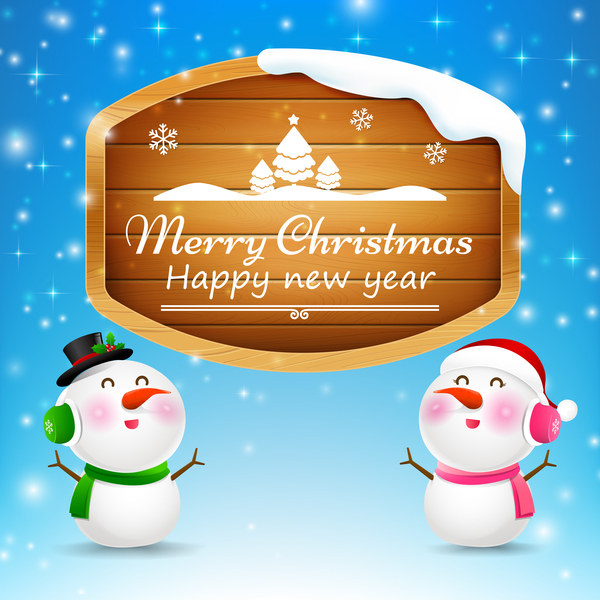 Christmas snowman and snowgirl wooden sign with text merry christmas vector 02