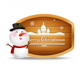 Christmas snowman and wooden sign with text merry christmas vector