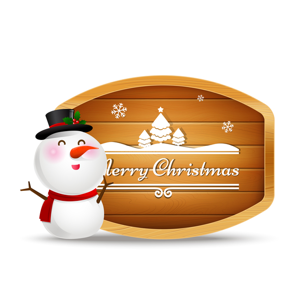 Christmas snowman and wooden sign with text merry christmas vector