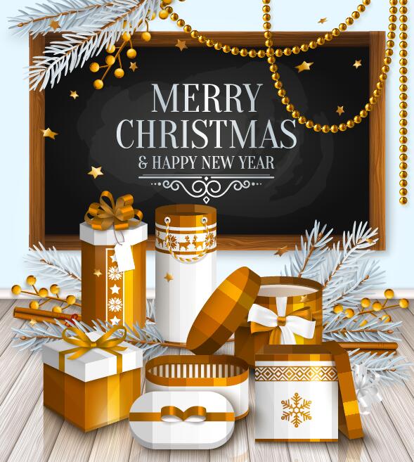 Christmas with new year gift box with blackboard background vector