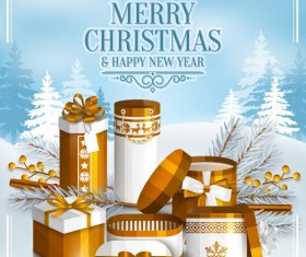 Christmas with new year gift box with snow background vectors 01