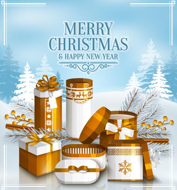 Christmas with new year gift box with snow background vectors 01