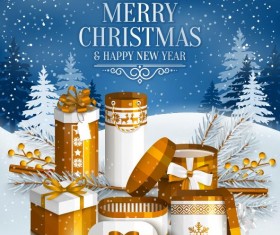 Christmas with new year gift box with snow background vectors 02
