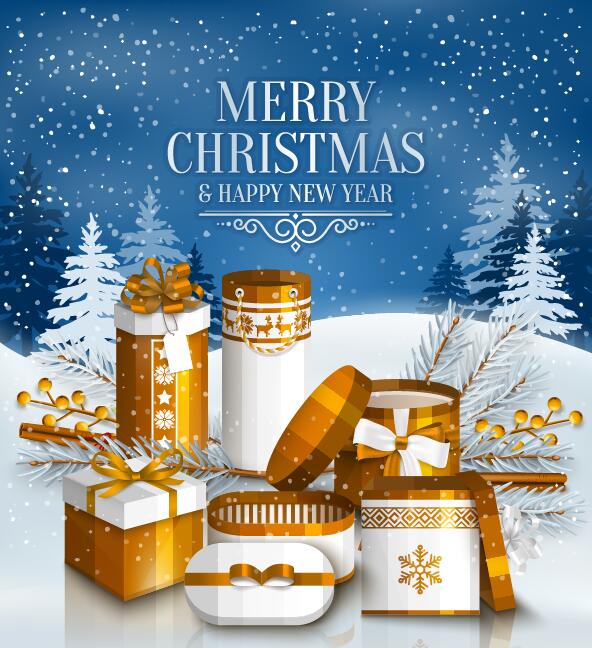 Christmas with new year gift box with snow background vectors 02