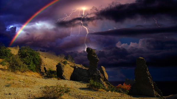 Clouds Lightning Rainbow Nature Stock Photo