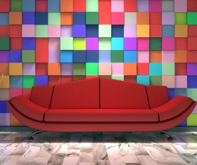 Colorful wall background with red sofa HD picture