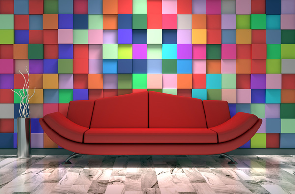 Colorful wall background with red sofa HD picture