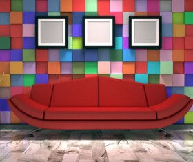 Colorful wall with picture frame background with red sofa HD picture