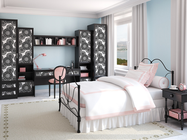 Comfortable bed with black pattern combination cabinet