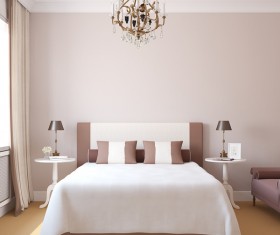 Comfortable bedroom with chandelier Stock Photo