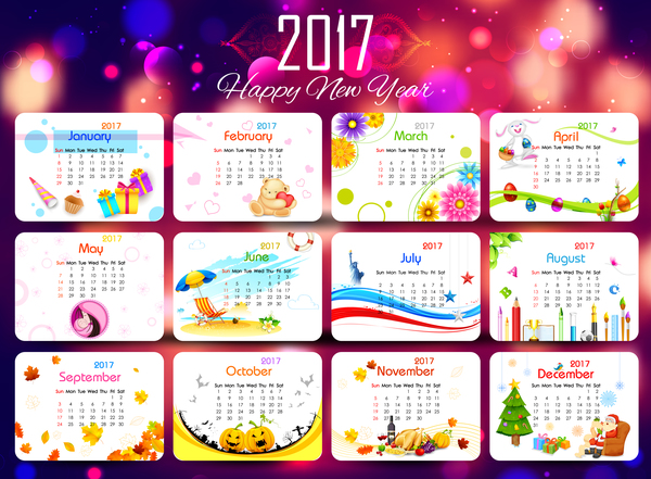 Cute 2017 calendar with new year background vector