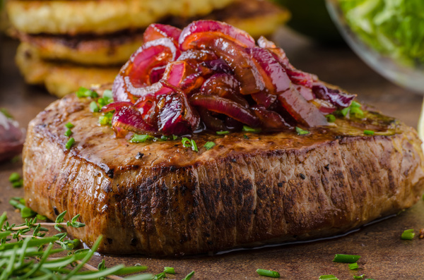Delicious pork steak with onion HD picture