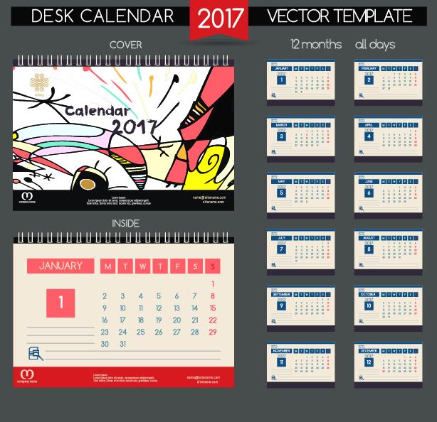 Desk calendar 2017 vector retro template 01