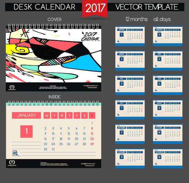 Desk calendar 2017 vector retro template 02