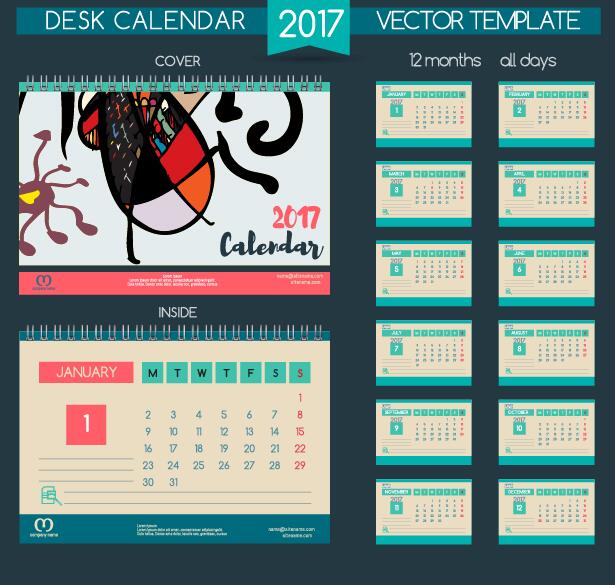 Desk calendar 2017 vector retro template 09