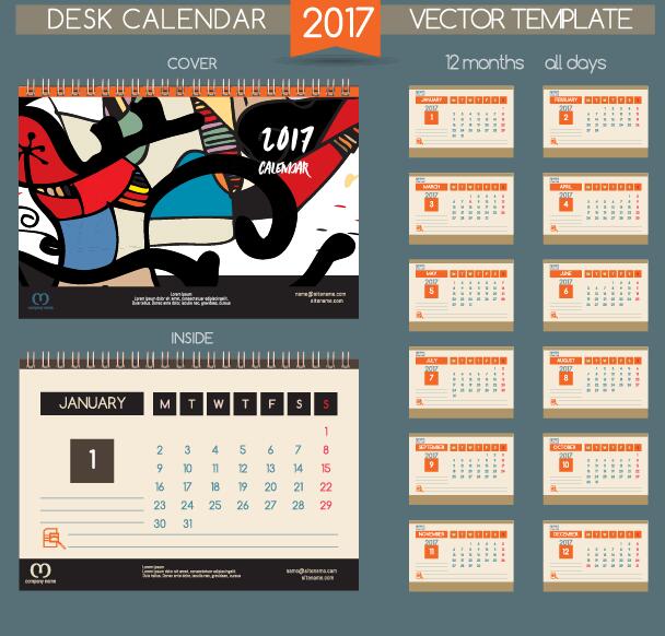 Desk calendar 2017 vector retro template 10