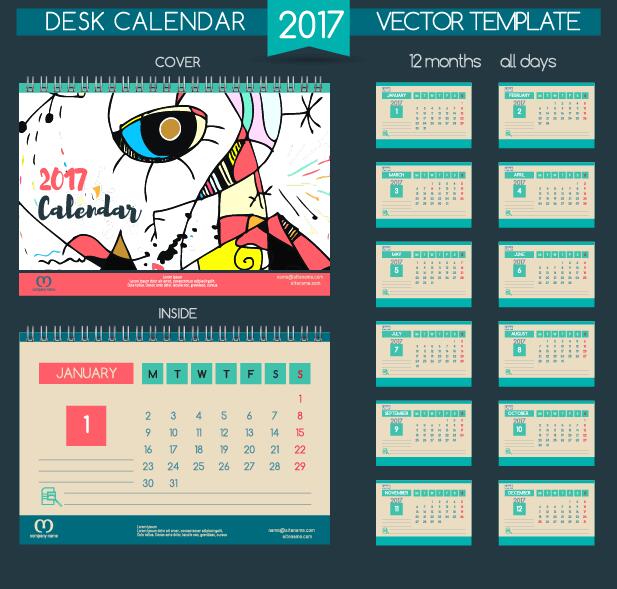 Desk calendar 2017 vector retro template 11