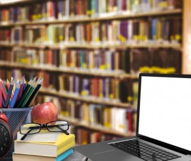 Desk pencil case with bookcase laptop Stock Photo 01