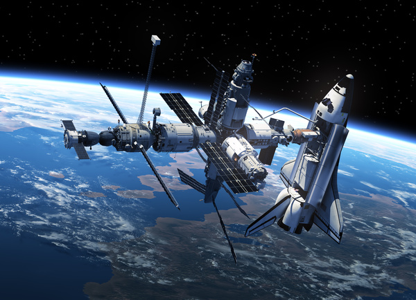 Docked at the space station of the space shuttle HD picture