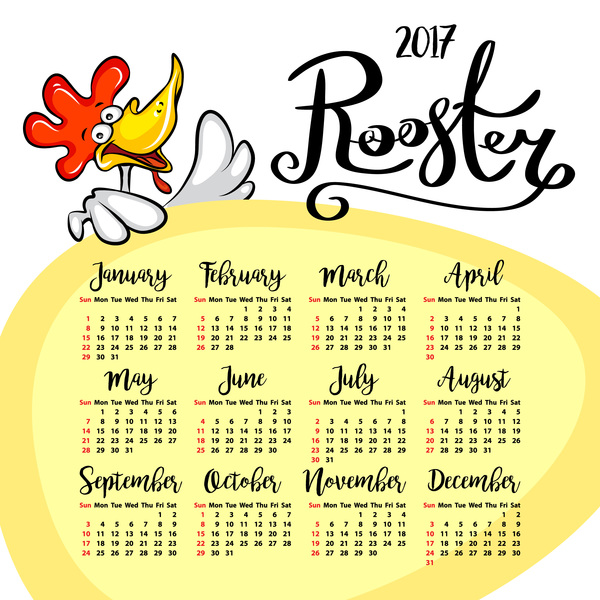 Funny rooster with 2017 calendar vector