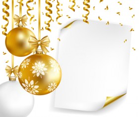 Golden christmas baubles with ribbons and paper vector