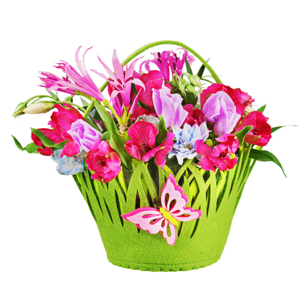 Green flower basket with colorful flowers Stock Photo
