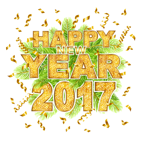 Green leaves with 2017 new year golden text vector background