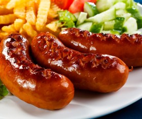 Grilled sausage with cucumber and french fries HD picture