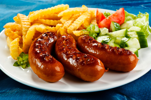 Grilled sausage with vegetable fries HD picture