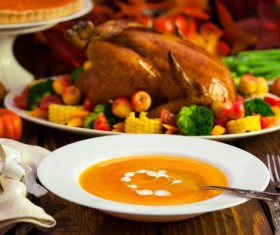 Grilled turkey pumpkin soup on the Thanksgiving table Stock Photo