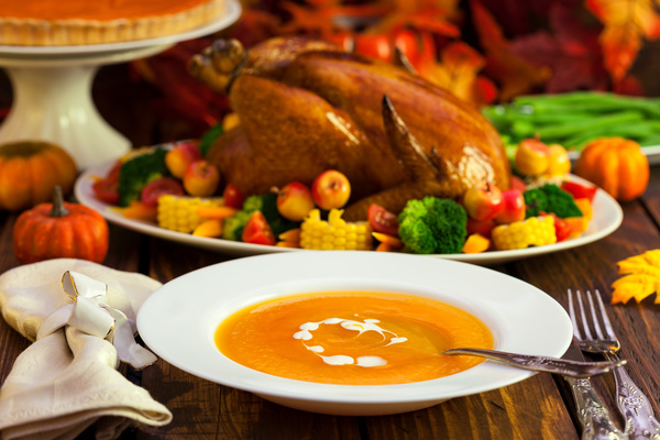 Grilled turkey pumpkin soup on the Thanksgiving table Stock Photo