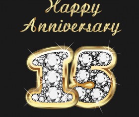Happy 15 anniversary gold with diamonds background vector