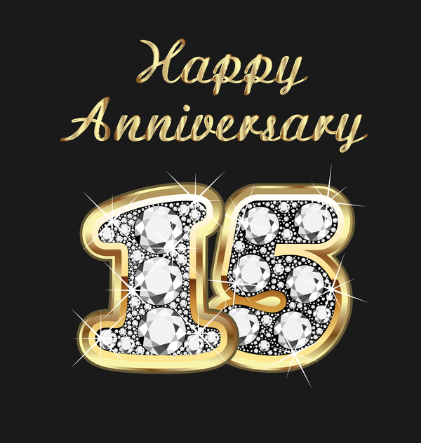 Happy 15 anniversary gold with diamonds background vector