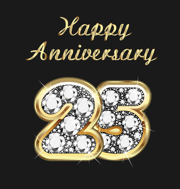 Happy 25 anniversary gold with diamonds background vector