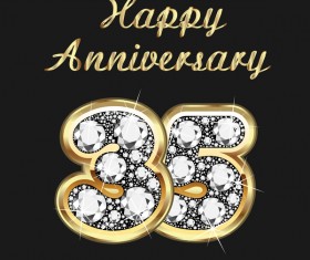 Happy 35 anniversary gold with diamonds background vector