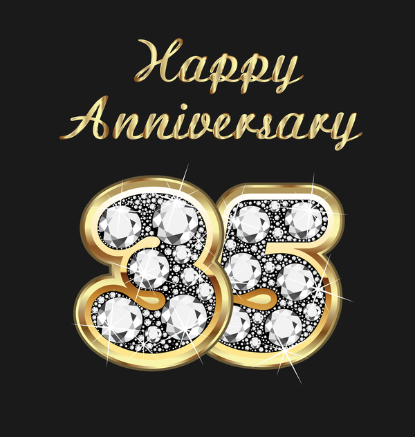 Happy 35 anniversary gold with diamonds background vector