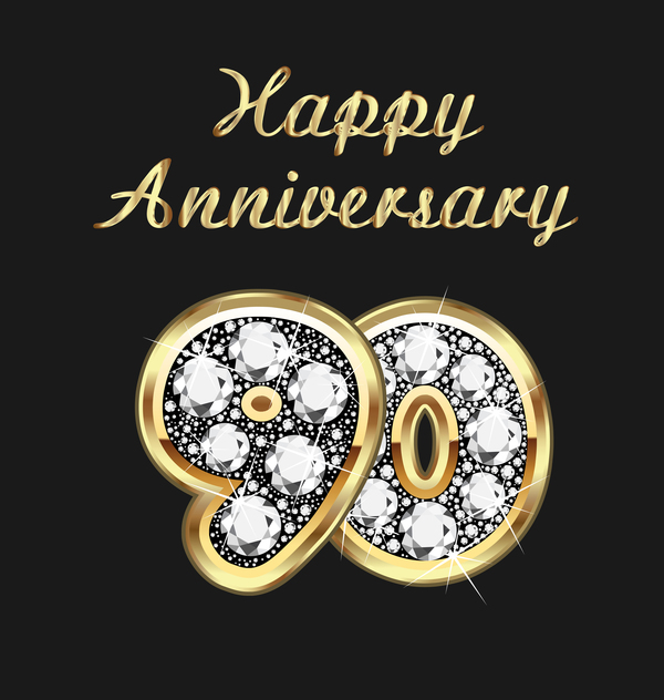 Happy 90 anniversary gold with diamonds background vector
