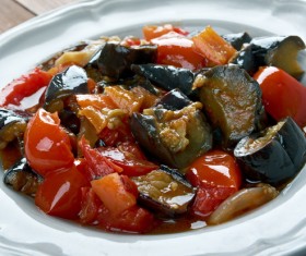 Healthy and delicious tomatoes stewed eggplant Stock Photo