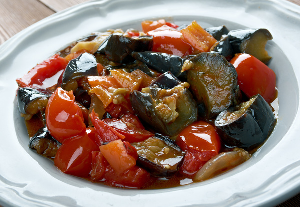 Healthy and delicious tomatoes stewed eggplant Stock Photo