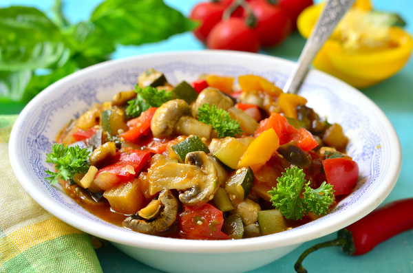 Healthy delicious tomatoes stewed mushrooms Stock Photo