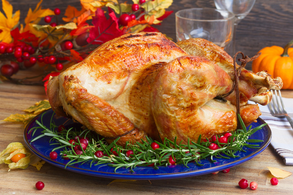 Holly decorated with delicious fruit turkey Stock Photo
