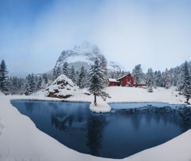 Lake red building mountain winter snow