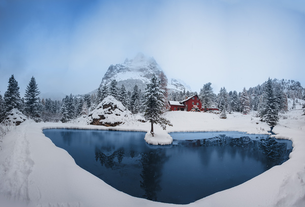 Lake red building mountain winter snow