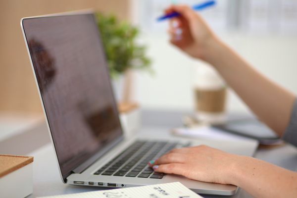 Laptop information for business ladies Stock Photo