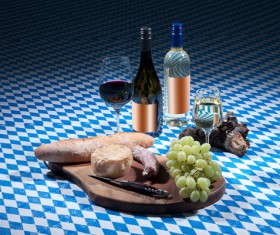 Lattice tablecloth wines and cheese Stock Photo
