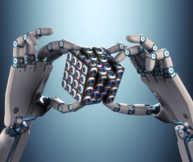 Metal Cube and Robot hand Stock Photo