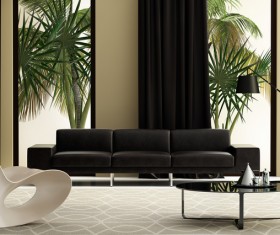 Modern living room with black sofa outside the window plant