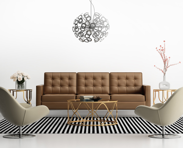 Modern living room with creative chandelier Stock Photo