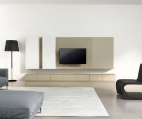 Modern living room with wall TV seating Stock Photo